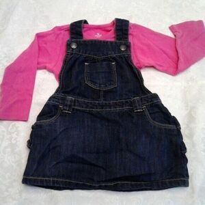 Old Navy 3 Piece Overall Jean Dress Longsleeve Onesie Bloomers Blue Pink 18-24M